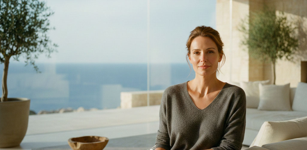A woman with light brown hair sits indoors near large windows, with potted plants and an ocean view in the background, showcasing her transformation in stunning before and after neck lift photos.