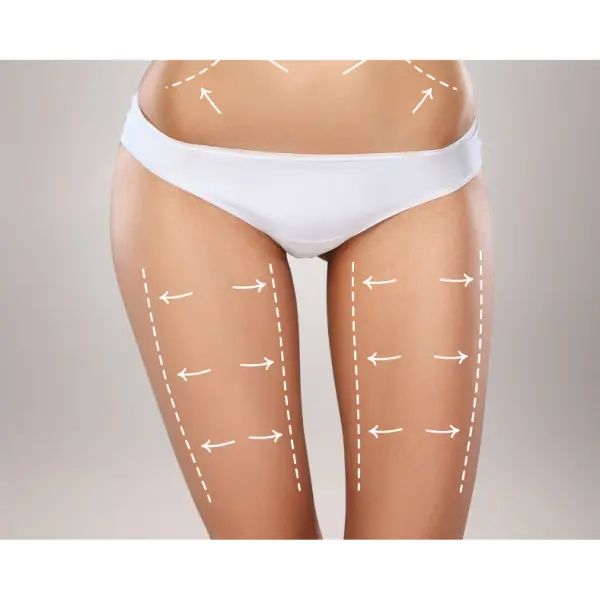 A woman in a bikini with arrows on her thighs.