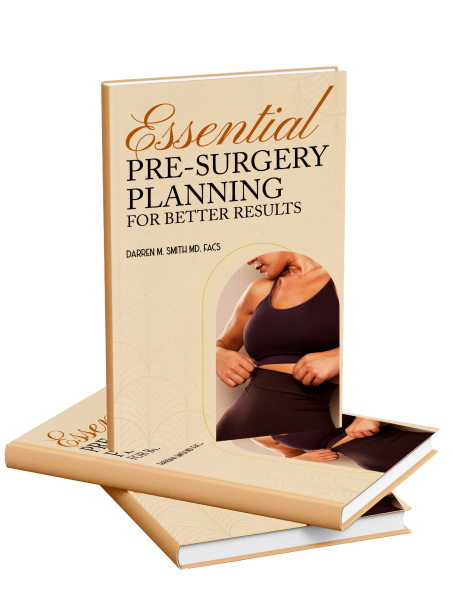 Two copies of a book titled "Essential Pre-Surgery Planning for Better Results" by Darren M. Smith MD, FACS, featuring a photo of a woman measuring her waist on the cover.