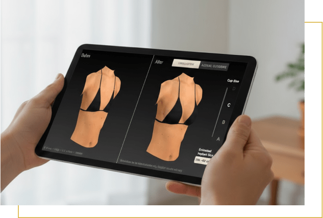 Person holds a tablet displaying a digital simulation of a woman's torso, showing before and after images for breast augmentation with adjustable options on the right side, as designed by Dr. Darren Smith.
