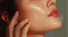 Close-up of a person's face and hand, showing smooth, glowing skin, defined lips, and fingers gently touching the cheek.