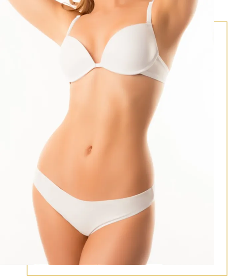 A woman wearing a white bra and underwear set stands against a plain light background, with her arms raised.