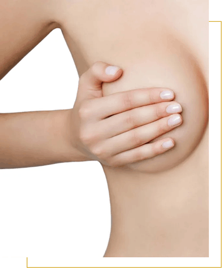 A person’s hand holding their bare breast, shown from the side against a white background.