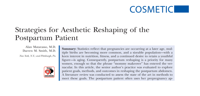 The header of a medical article discusses aesthetic reshaping for postpartum patients, featuring a highlighted summary about trends and practices in Mommy Makeover surgery.