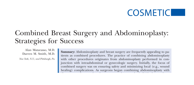 A journal article titled "Combined Breast Surgery and Abdominoplasty: Strategies for Success," featuring a summary highlight and "COSMETIC" in the header, explores Mommy Makeover techniques for optimal aesthetic outcomes.