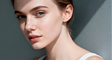 Young woman with fair skin and blue eyes looking at the camera, wearing a white top, with natural lighting casting shadows on a gray background.