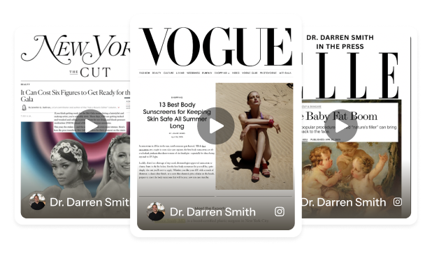 Three magazine articles featuring Dr. Darren Smith are displayed, including covers from The Cut, Vogue, and Elle, each with a play button overlay highlighting recent press and media appearances.