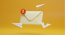 A yellow envelope with a red notification badge and three paper airplanes on a solid orange background.