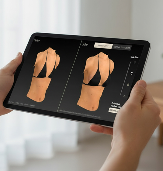 A person holds a tablet displaying a side-by-side digital simulation of a woman's torso before and after a change, highlighting the effects of proper fitting—a valuable tool in practice for bra fitting or cosmetic procedures.