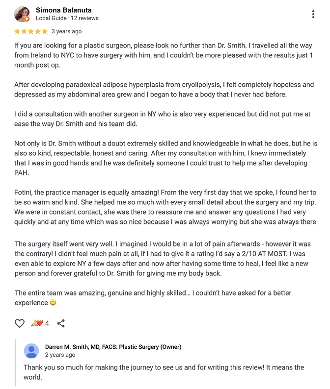 Screenshot of a five-star Google review praising plastic surgeon Dr. Smith for expertise and compassion, with a thankful reply from Dr. Smith—highlighting the care provided to both local and Out of Town Patients.