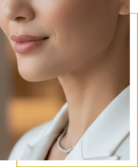 Close-up of a woman's lower face and neck, wearing a white blazer and a delicate pearl necklace, with soft lighting in the background.