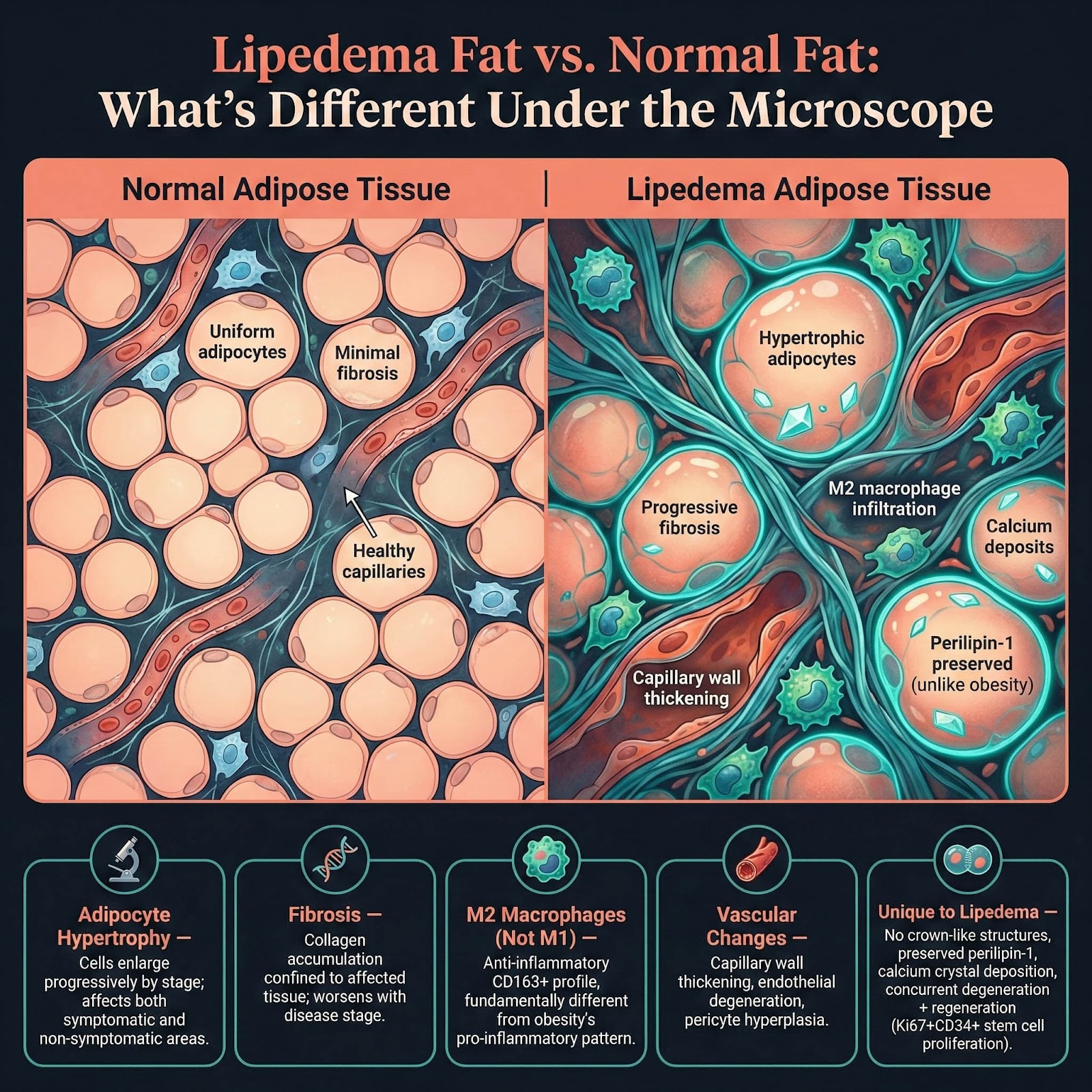 Side-by-side comparison of normal adipose tissue and lipedema adipose tissue, highlighting differences such as fibrosis, hypertrophic adipocytes, macrophage infiltration, and vascular changes relevant to lipedema therapy.